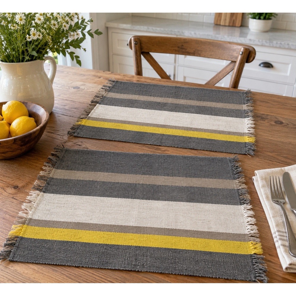 Crate & Barrel Emerson Placemats Set of 2 Gray Yellow Stripe Fringe 14x19